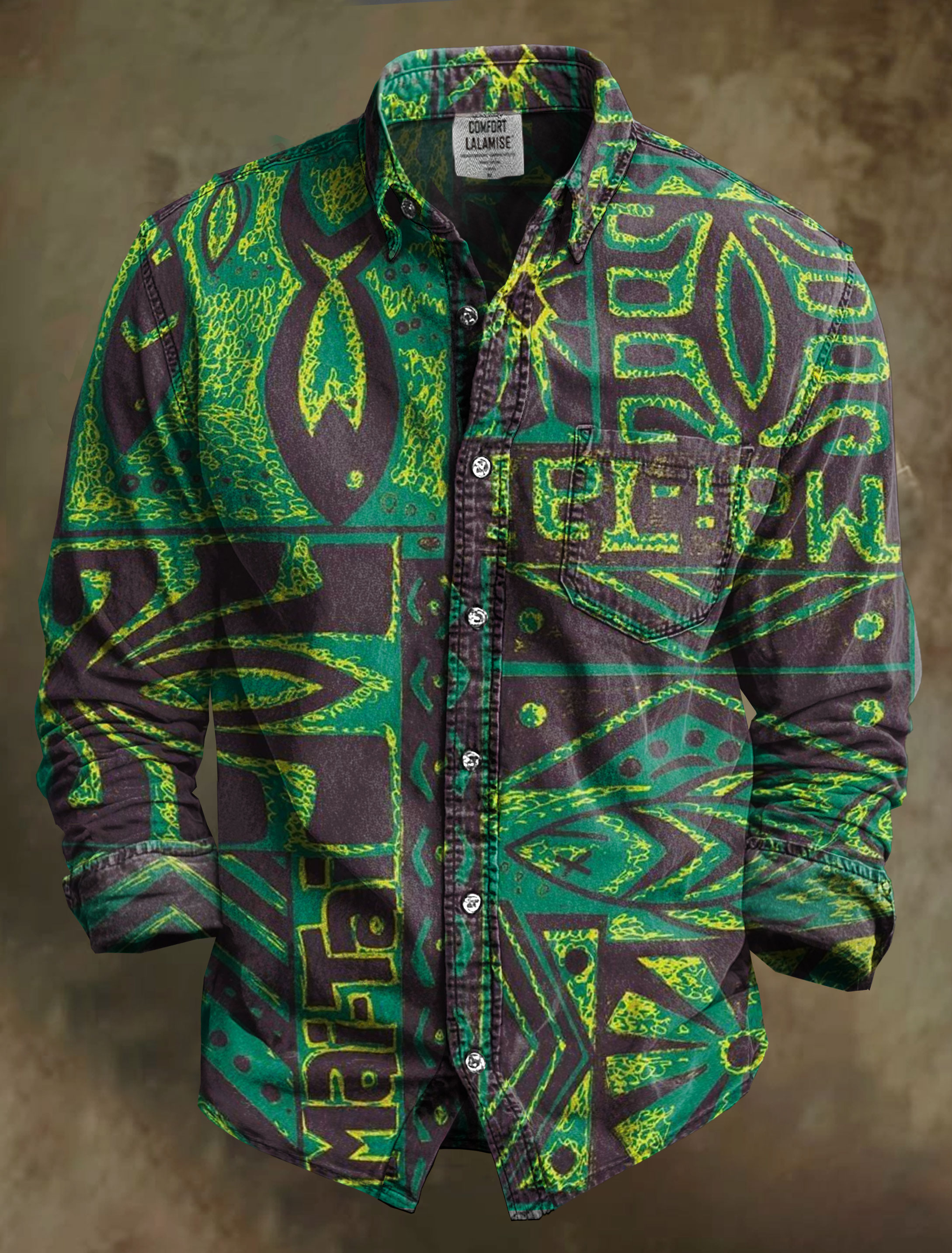 Vintage Abstrct Art Print 100% Cotton Long Sleeve Shirt