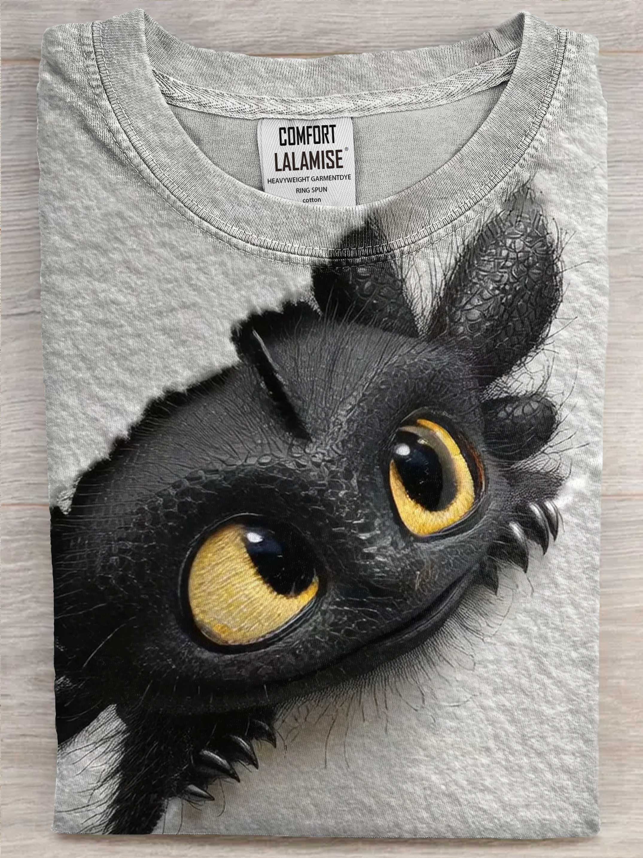 Peeking Little Black Dragon Art Casaul Cotton Short Sleeve T-shirt