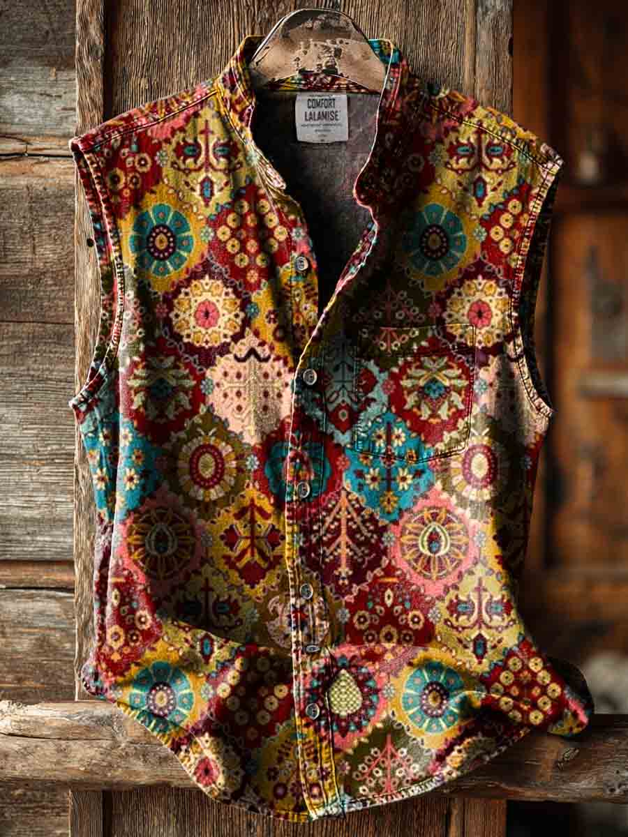 Vintage Ethinic Art Print Casual 100% Cotton Sleeveless Shirt