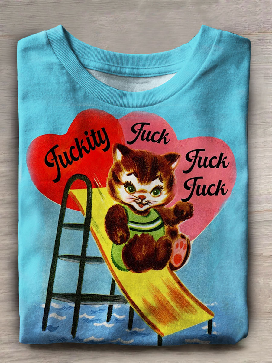 Fuckity Fuck Fuck Fuck Funny Cat Print Casual Short Sleeve Top