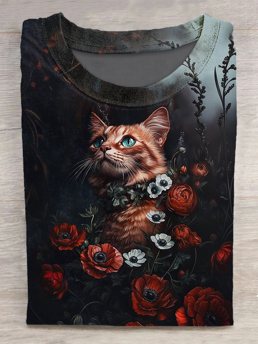 Cat Printed Vintage Fashion Loose Short Sleeve T-Shirt