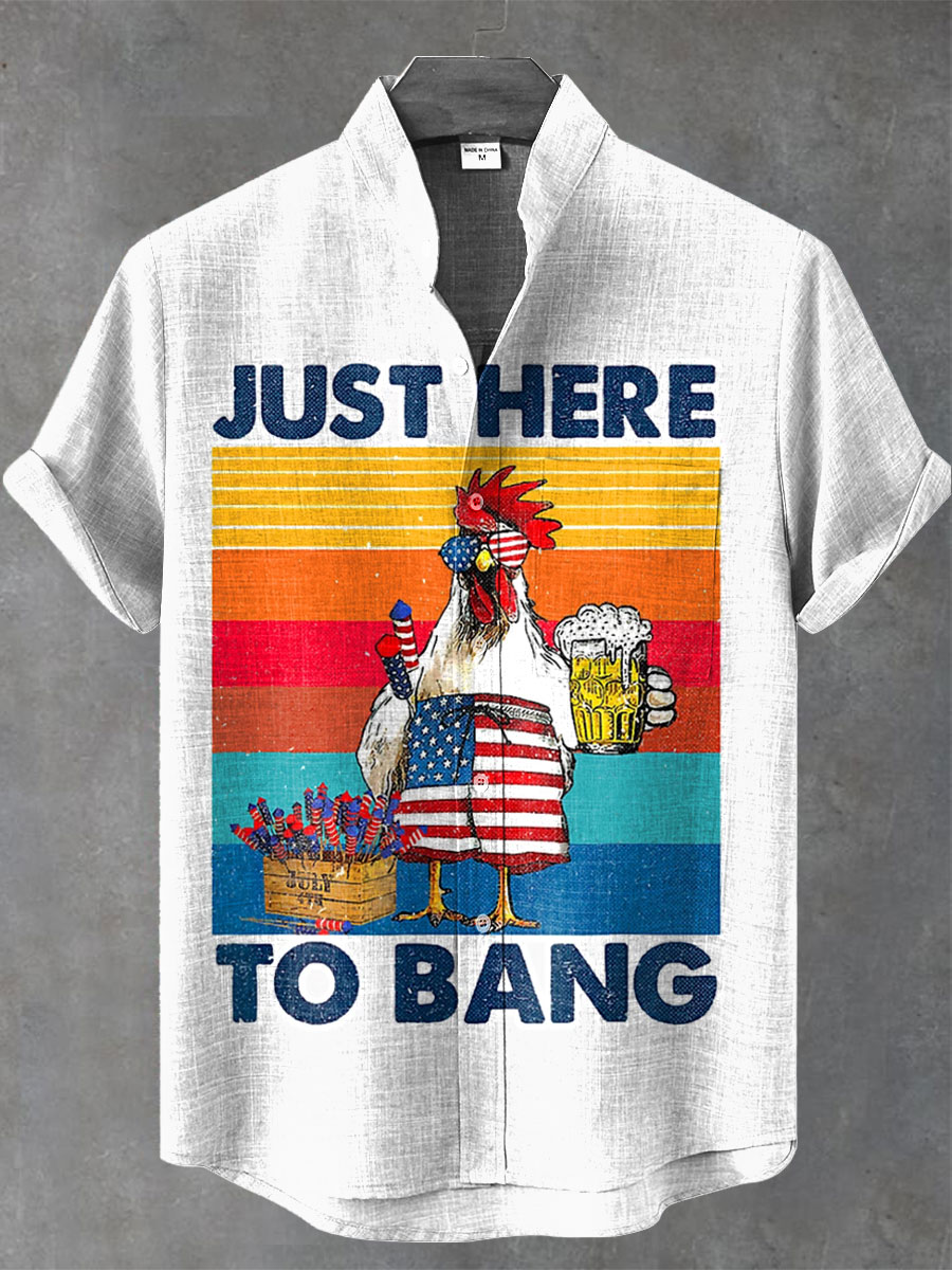 Vintage Just Here To Bang Chicken Art Print Casual 100% Cotton Shirt