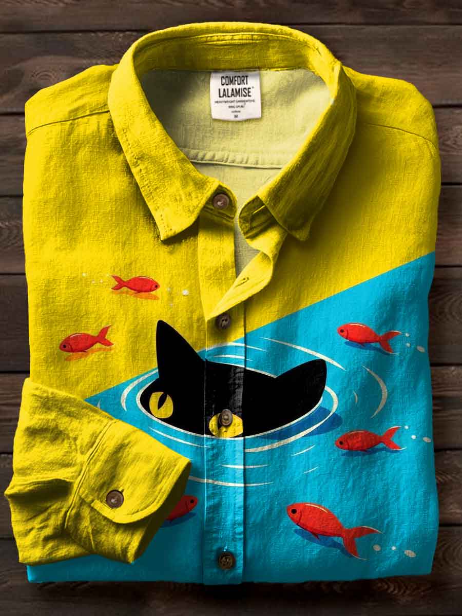 Cat Art Print Casual Cotton Shirt