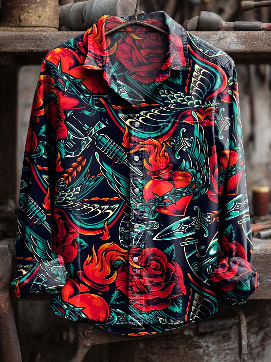 Retro Rose Heart Bird Print 100% Cotton Long Sleeve Shirt