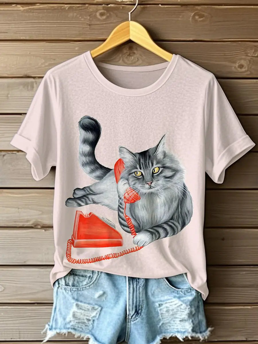 Women's phone cat print casual t-shirts