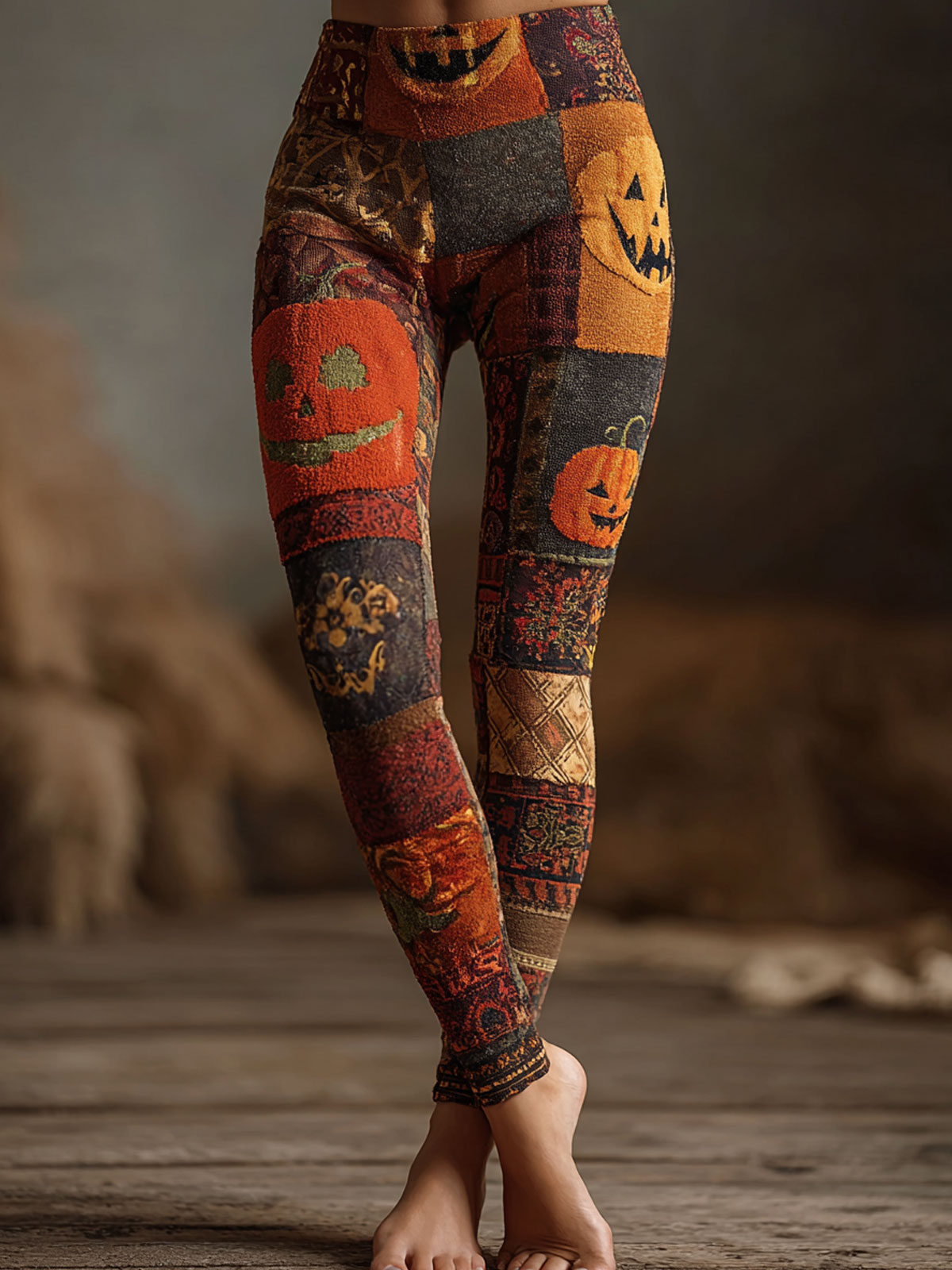 Halloween Patchwork Knit Art Print Casual Spirit Stretch Leggings