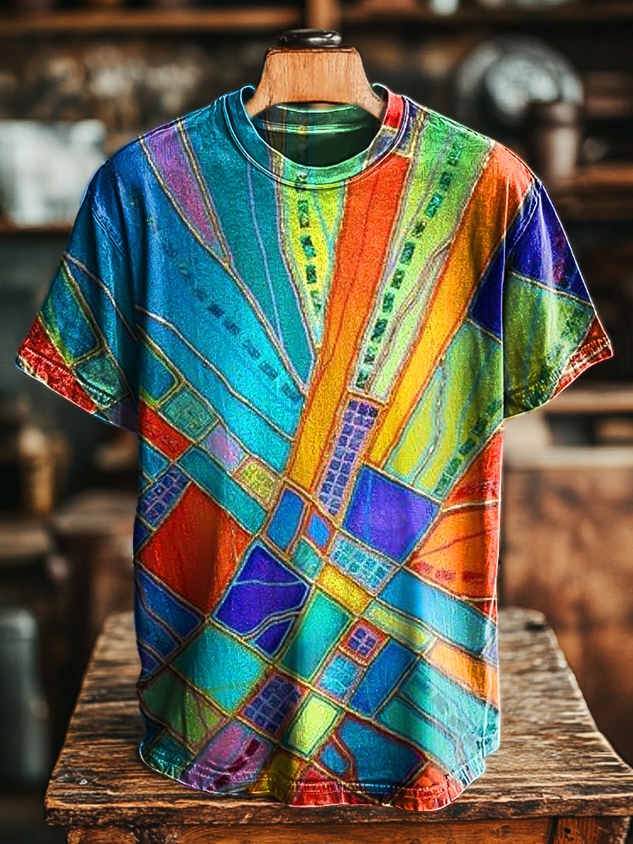 Unisex Vintage Rainbow Color Geometric Art Print Casual Loose T-Shirt