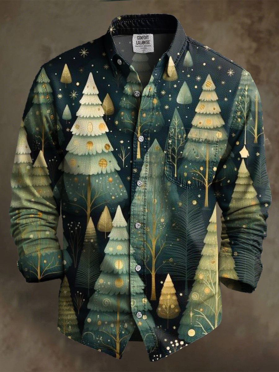 Retro Christmas Tree Art Print 100% Cotton Long Sleeve Shirt