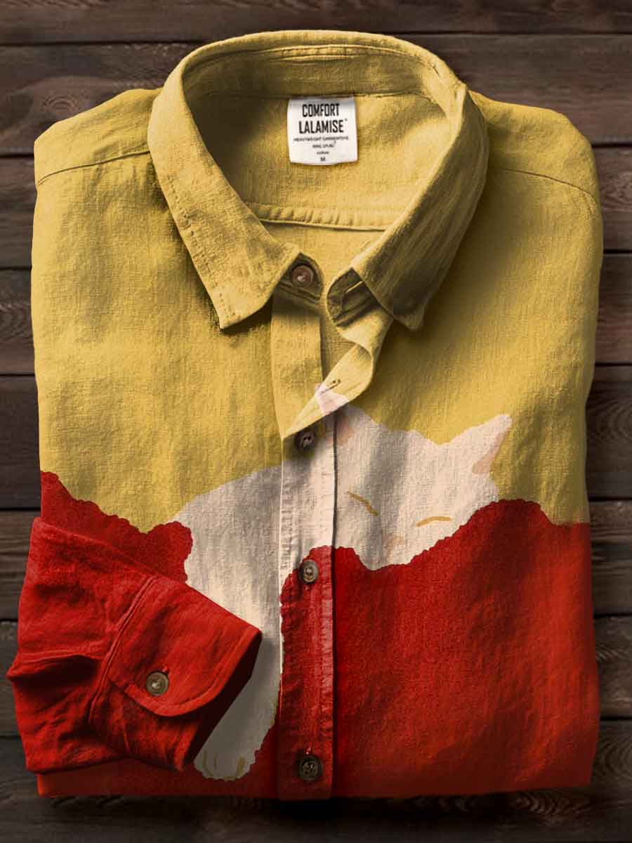 Lazy Cat Art Print Casual Cotton Shirt