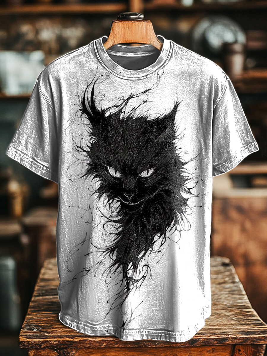 Unisex Abstract Black Cat Art Print Casual Loose T-Shirt