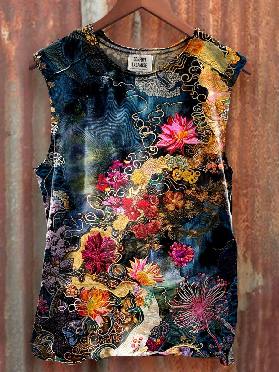 Vintage Floral Print 100% Cotton Casual Tank Top