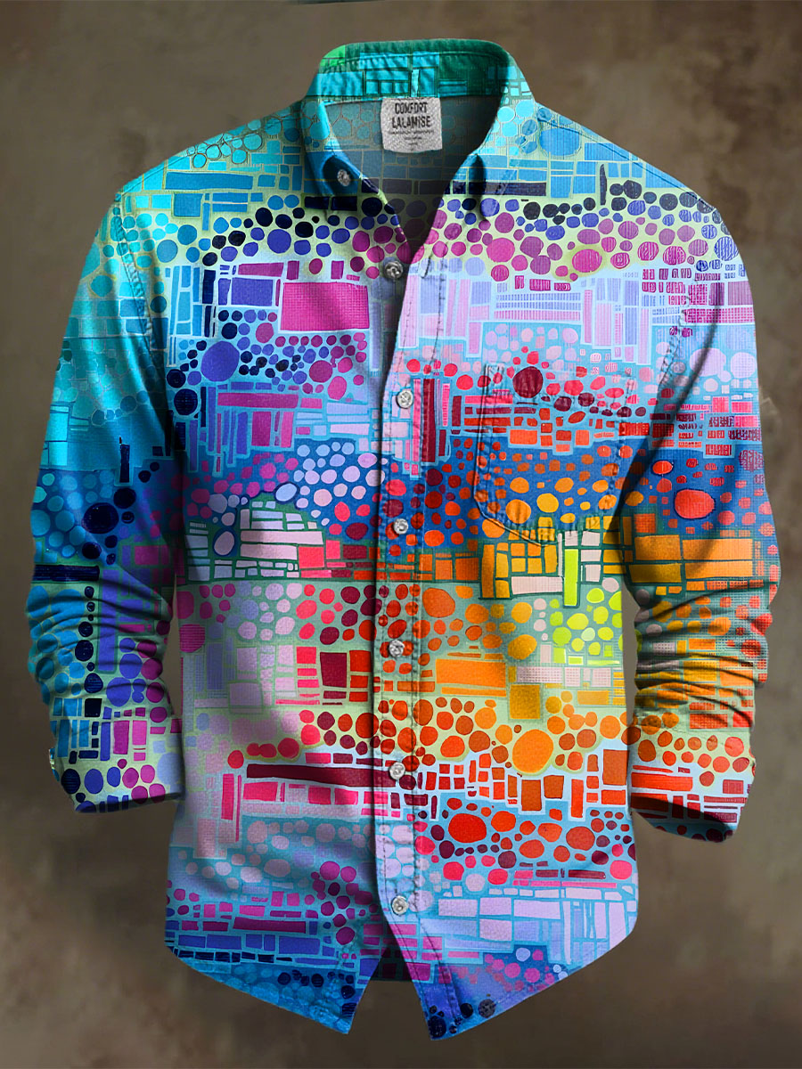 Vintage Multicolor Abstract Art Print 100% Cotton Long Sleeve Shirt