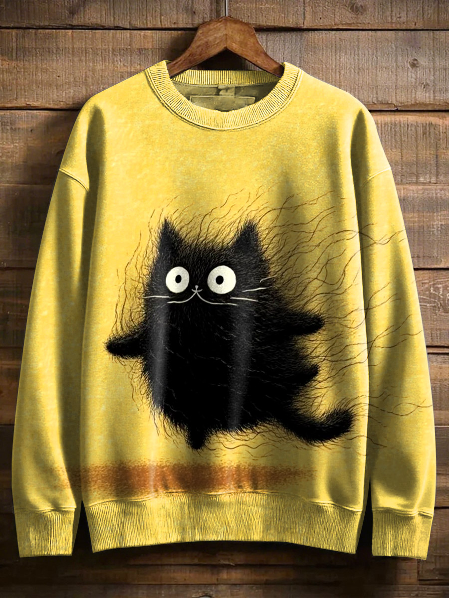 Retro Black Cat Funny Art Print Casual Sweatshirt