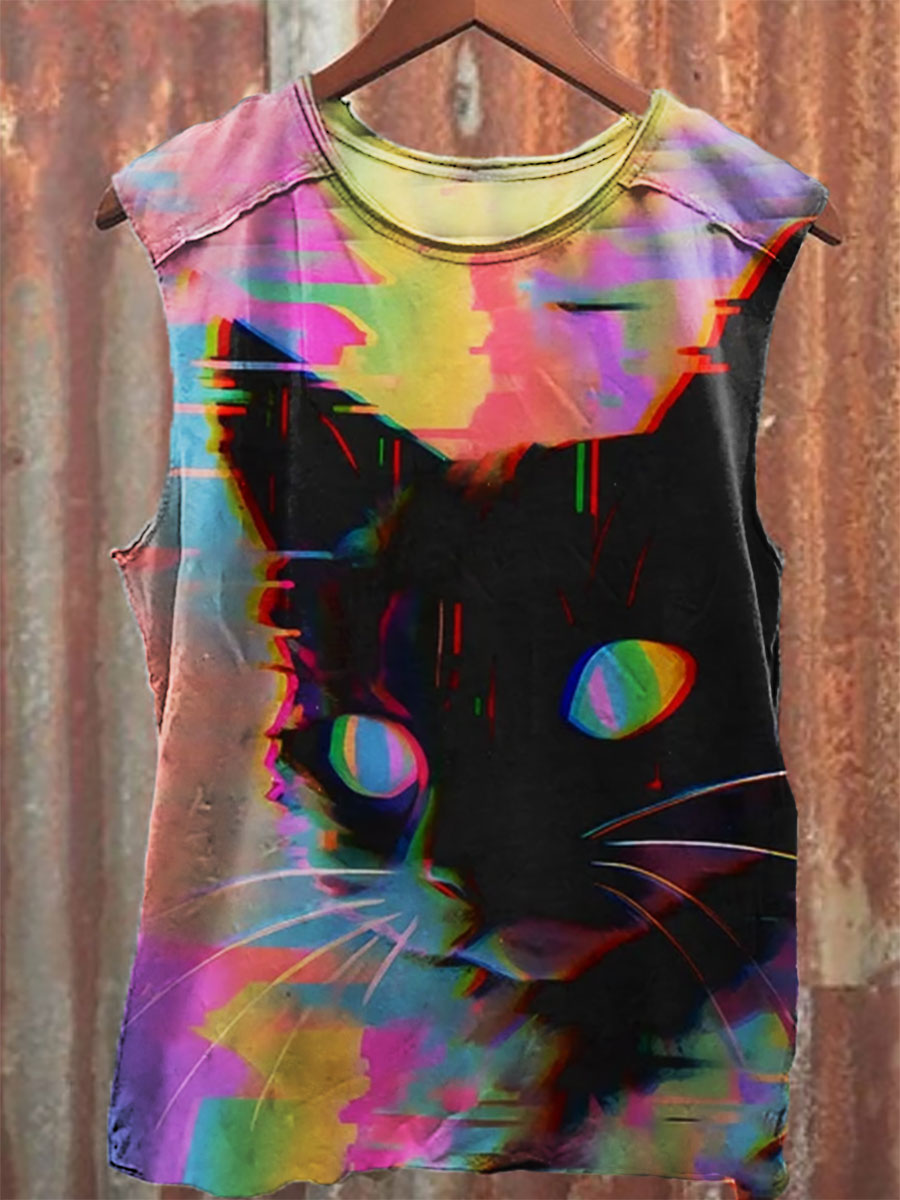 Psychedelic Cat Print 100% Cotton Casual Tank Top