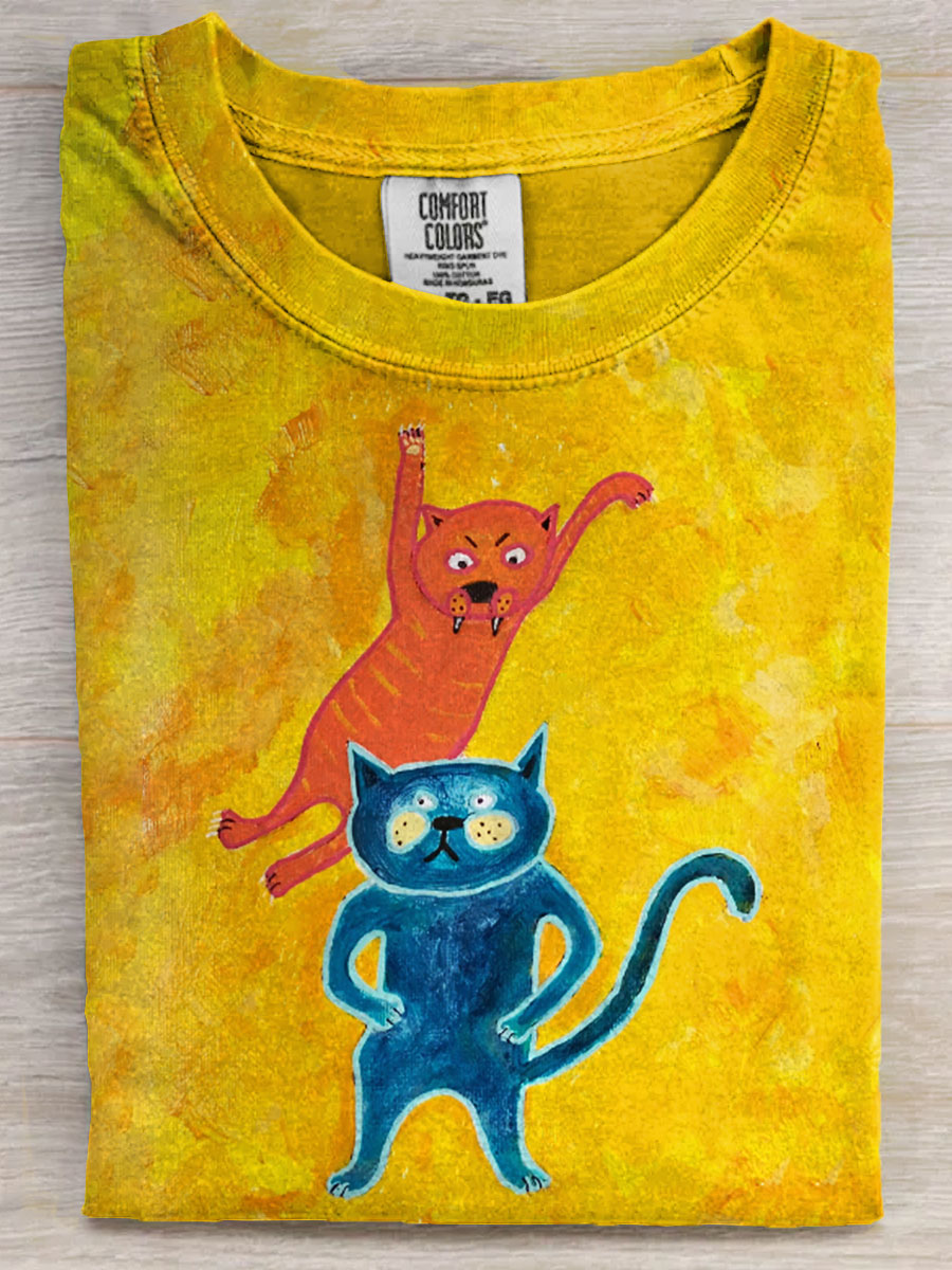 Funny Cartoon Cat Art Print Casaul Short Sleeve T-shirt