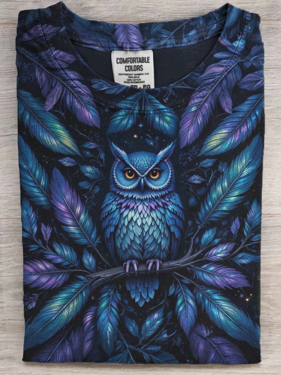 Greenery Owl Print Casual Short Sleeve T-Shirt