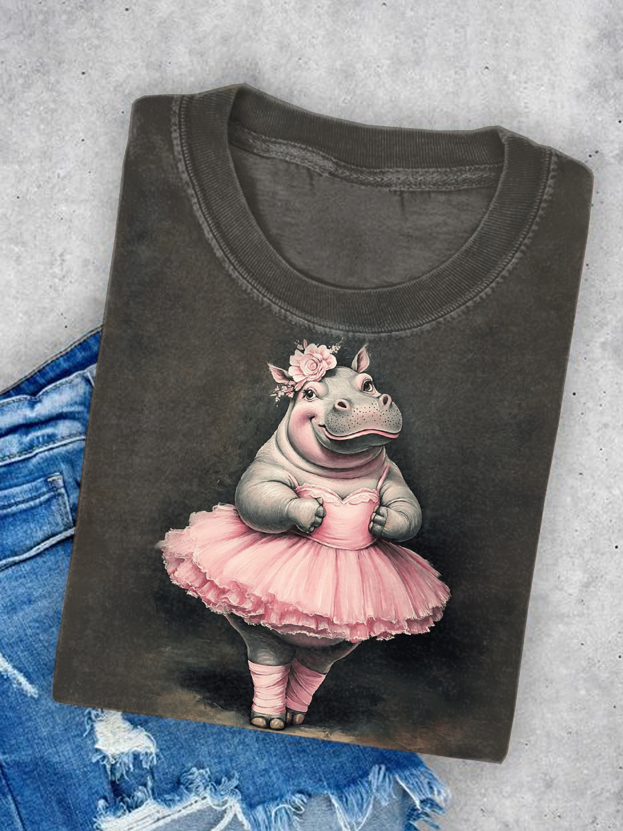 Women's Cute Hippo Art Illustration Printed Casual Short Sleeve T-Shirt