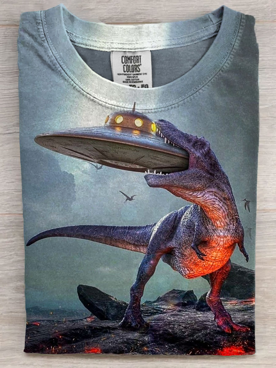 Fancy Funny Dinosaur and UFOArt Print Casaul Short Sleeve T-shirt