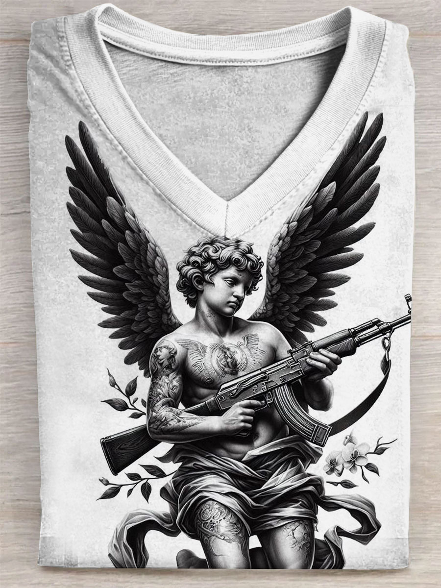 Dark Angel Print V-neck Casual T-Shirt