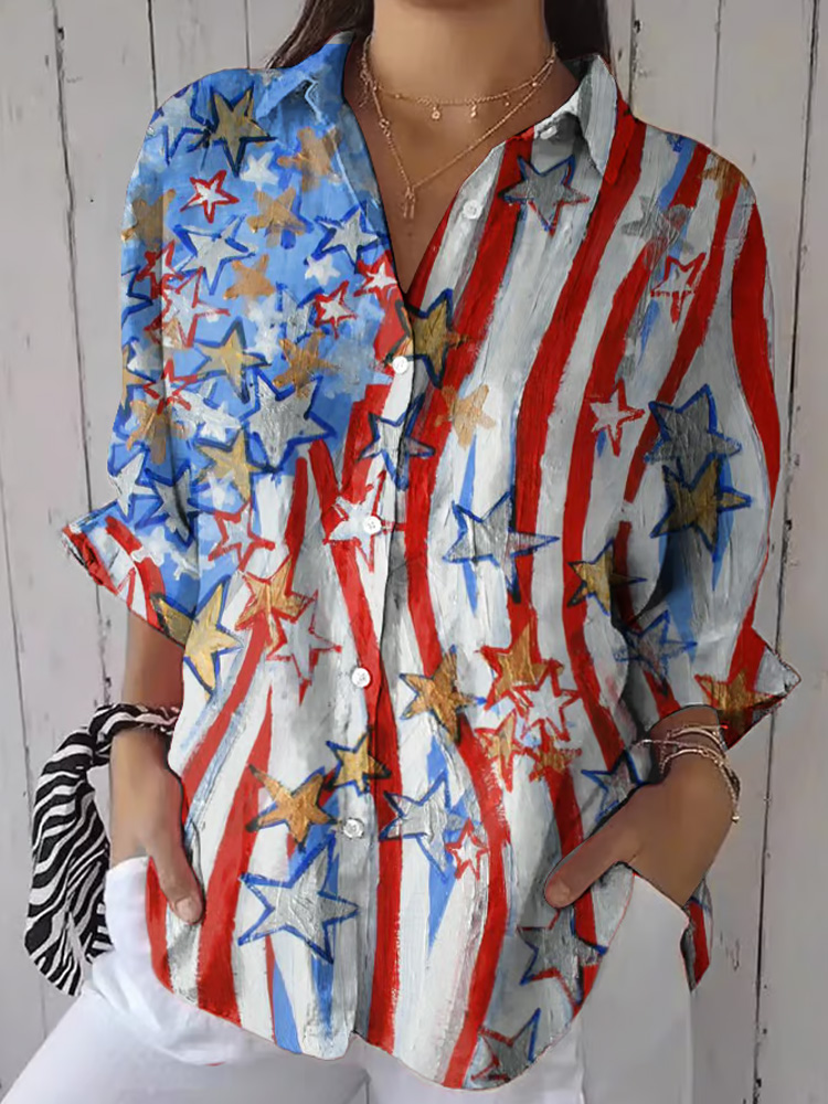 Women's Fashion Casual Independence Day Flag Printed Cotton And Linen Shirt