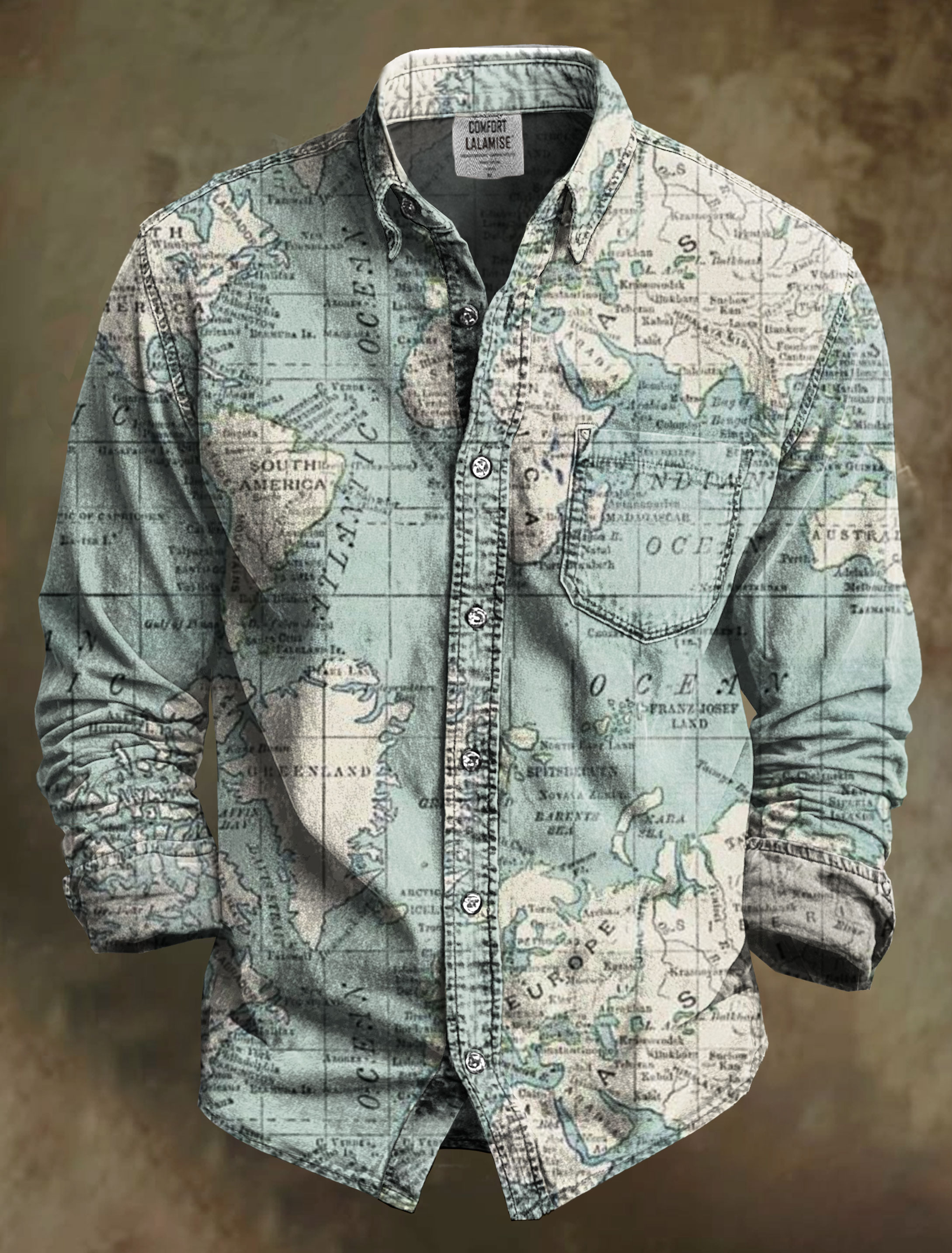 Blue Cream World Map Vintage Art Print 100% Cotton Long Sleeve Shirt