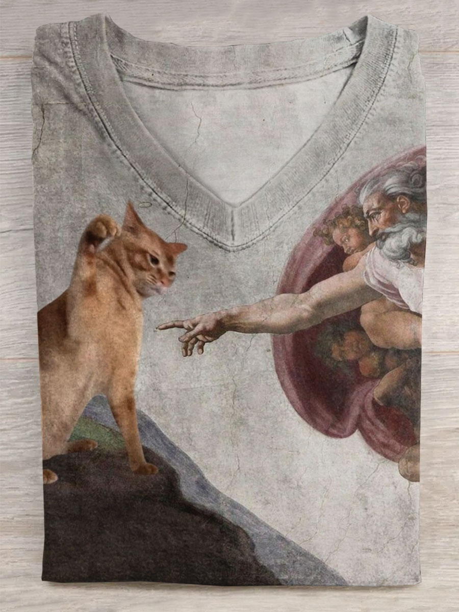 Vintage Funny Cat Art Print V-neck Casual T-Shirt