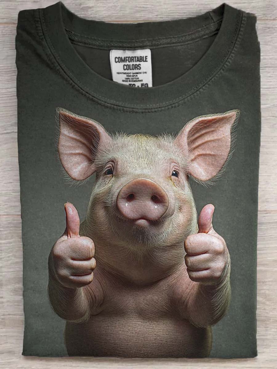 Funny Thumbs Up Piggy Print Casual Short Sleeve T-Shirt