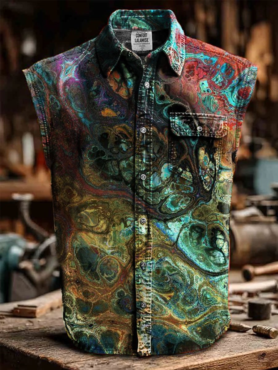 Abstract Art Prints Casual 100% Cotton Sleeveless Lapel Shirt