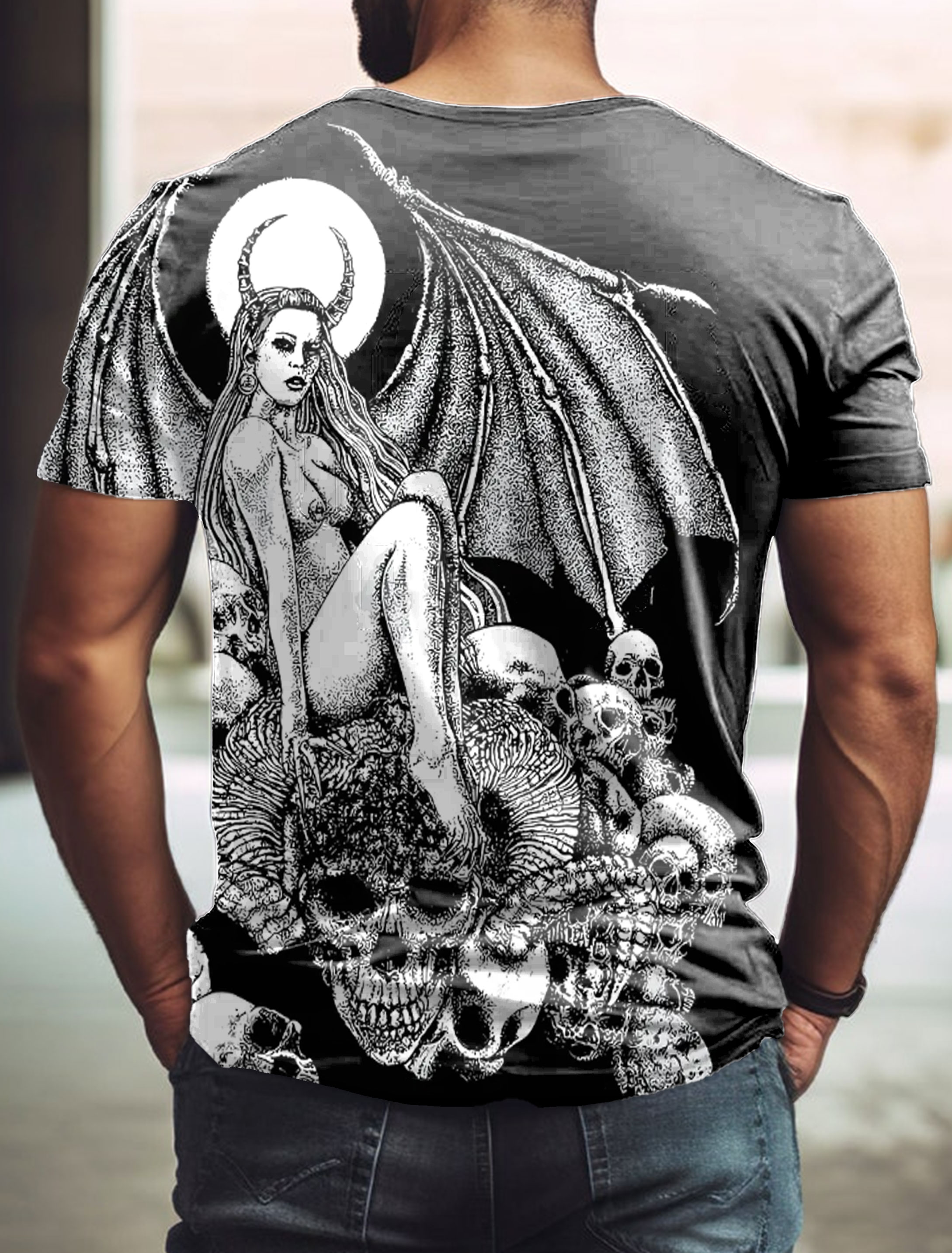 Demoness riding skeleton Art Print Casaul Short Sleve T-shirt
