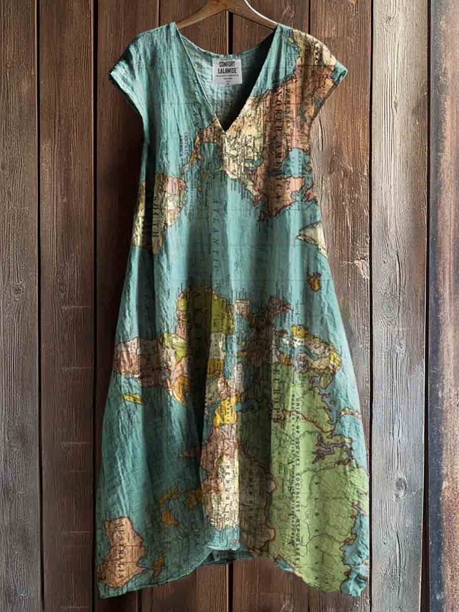 Vintage Map Art Print V-neck Pocket Cotton Dress