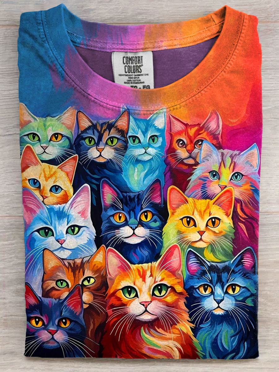 Multicolor Cats Art Print Casaul Short Sleeve T-shirt