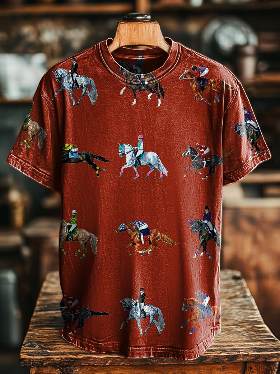 Unisex Vintage Horse Racing Rodeo Print Casual Loose Short Sleeve T-Shirt