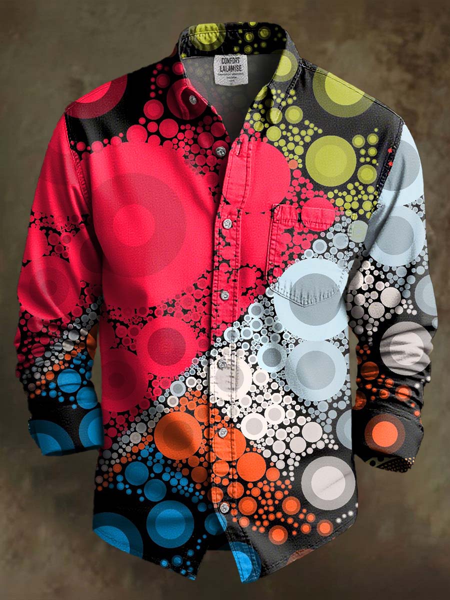 Colorful Geometric Polka Dots Splicing Abstract Art Print 100% Cotton Long Sleeve Shirt
