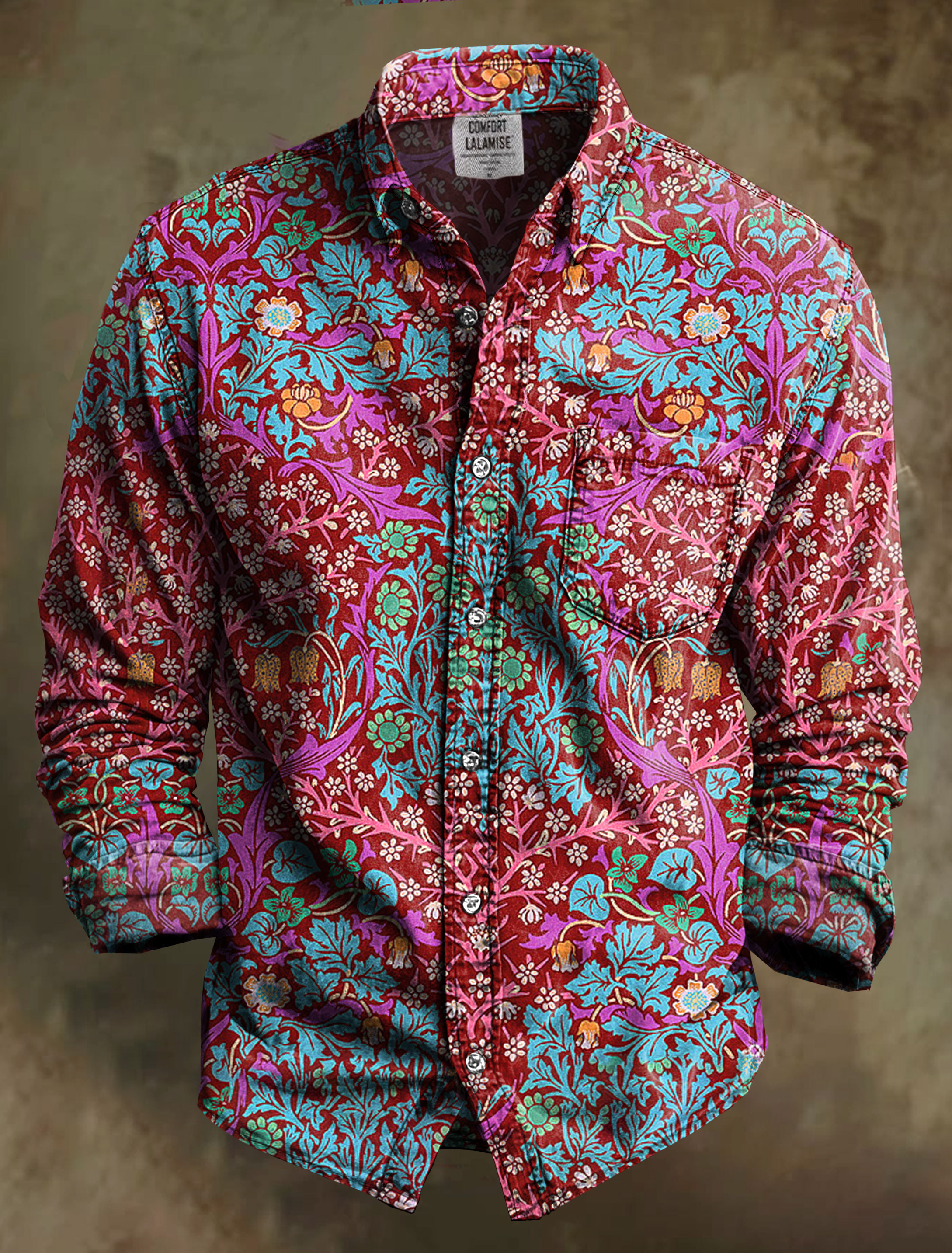 Vintage Blackthorn Merlot Red Art Print 100% Cotton Long Sleeve Shirt