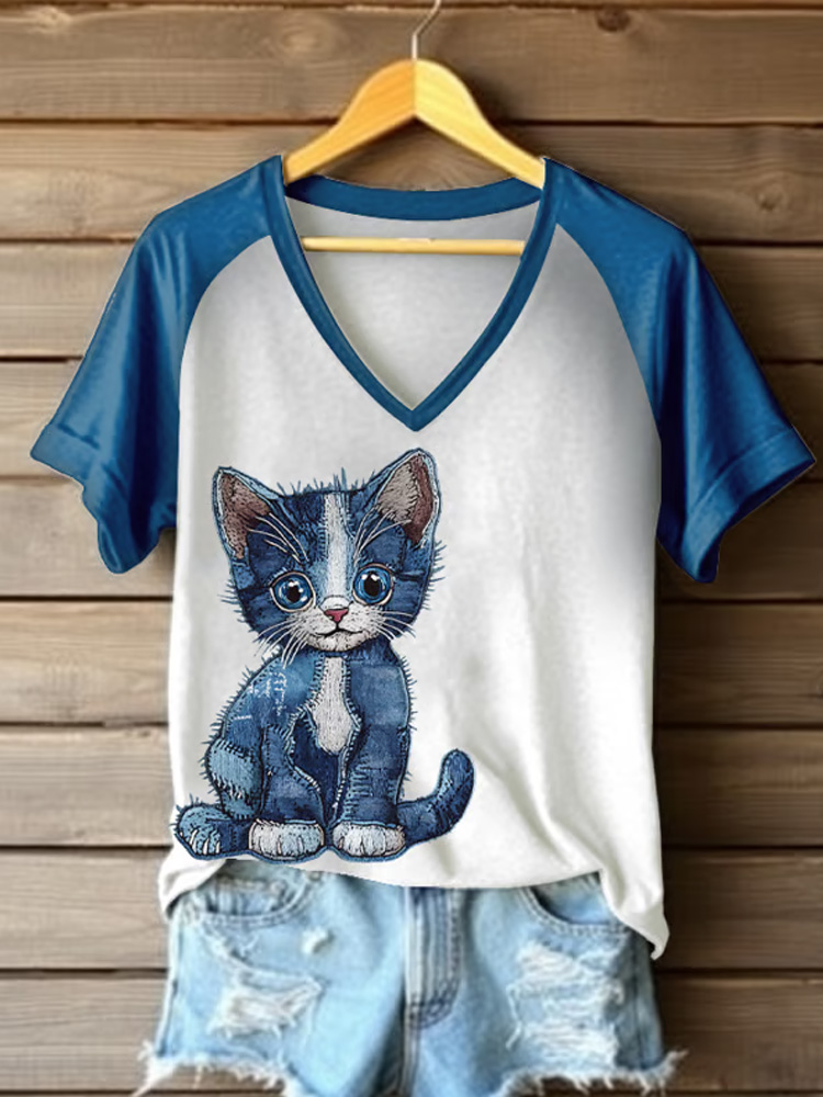 Women's Retro Funny Denim Patch Animal Cat Print Raglan Short Sleeve T-shirt