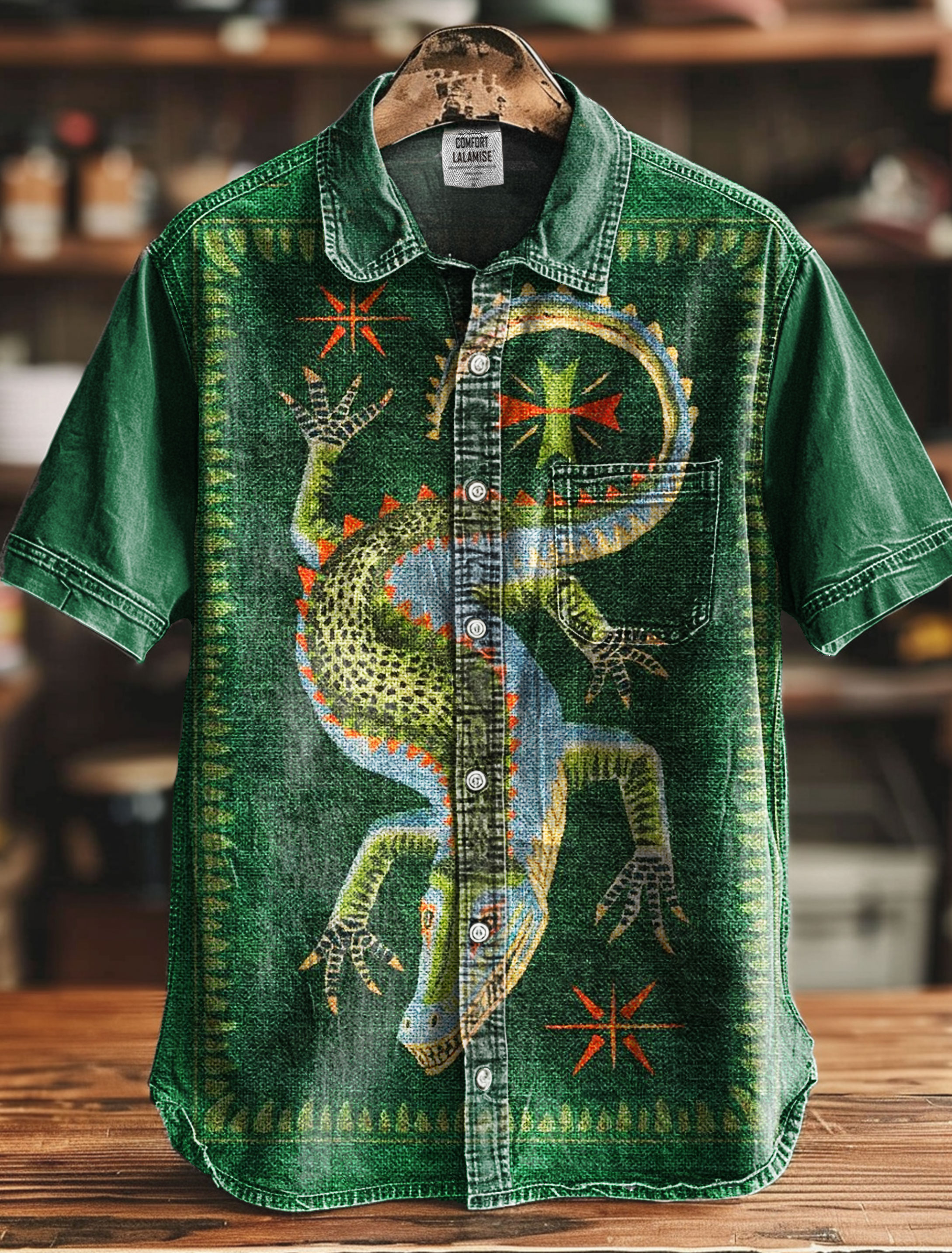 Vintage Crocodile Art Print Casual 100% Cotton Shirt