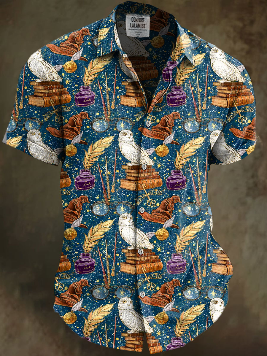Wizard Owl Art Print Casual Cotton And Linen Shirt