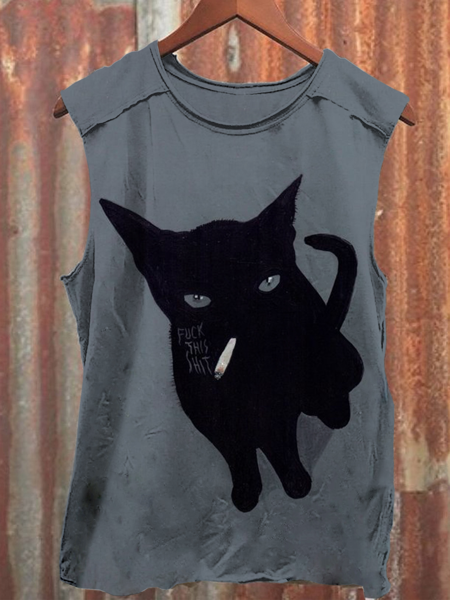 Fuck Somkecat Print 100% Cotton Casual Tank Top