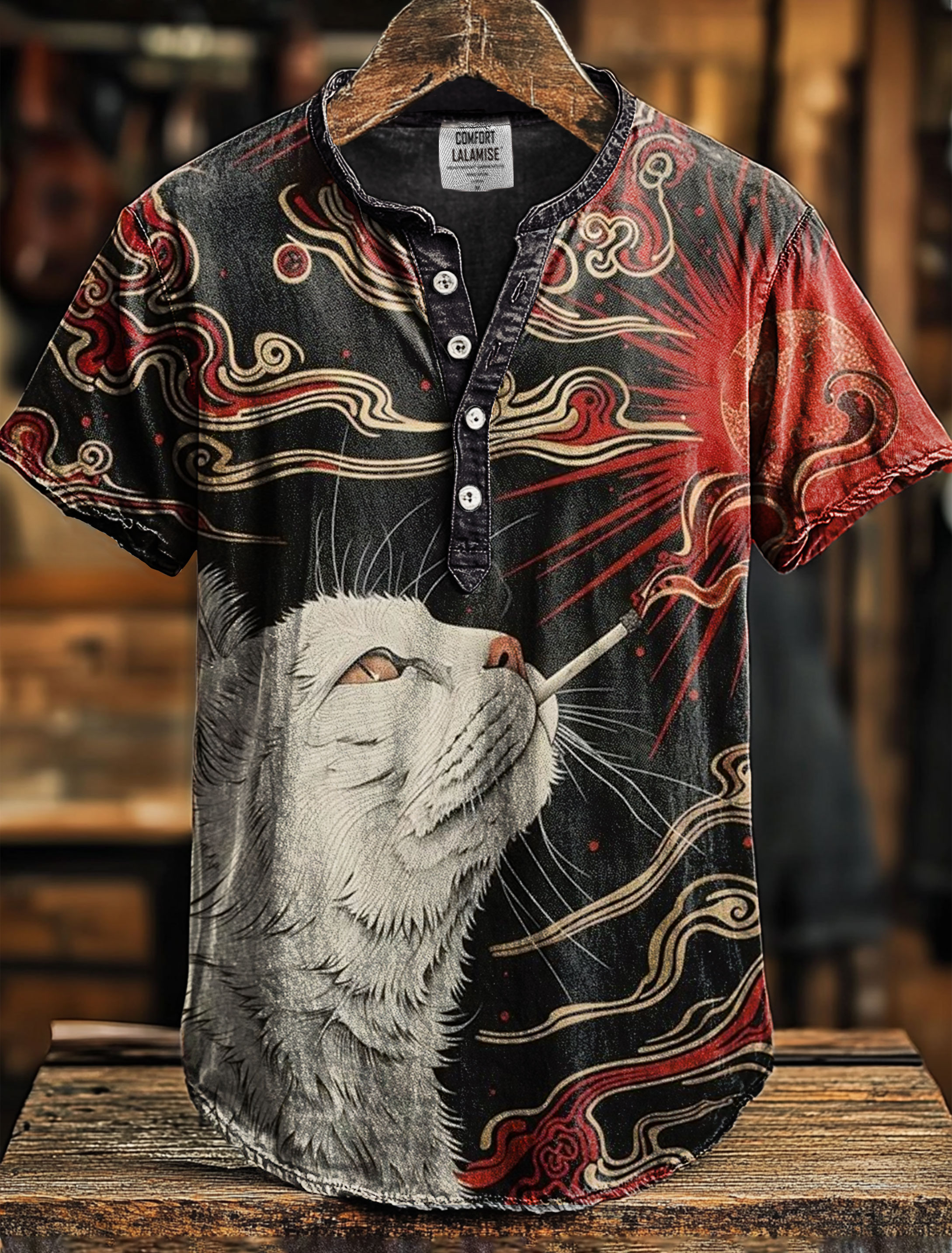 Vintage Smoking Cat Print Casual Cotton And Linen Henley Short Sleeve Shirt
