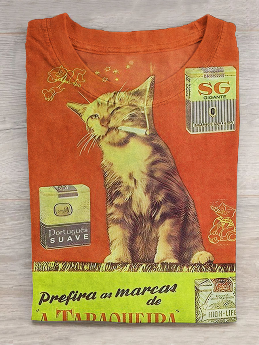 Retro Cat Smoking  Casual T-Shirt