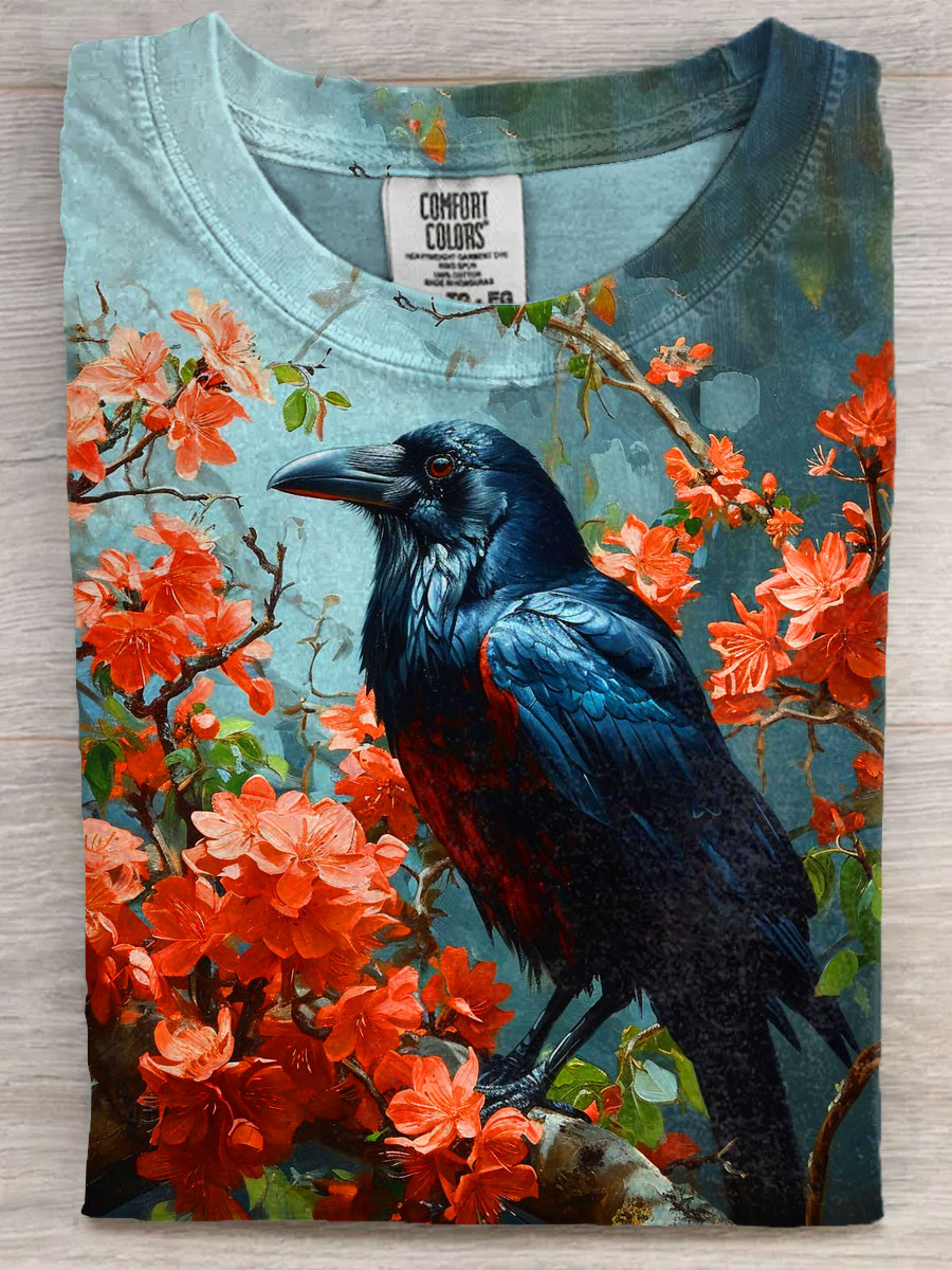 Crow  With Flower Art Print Casual Short Sleeve T-shirt