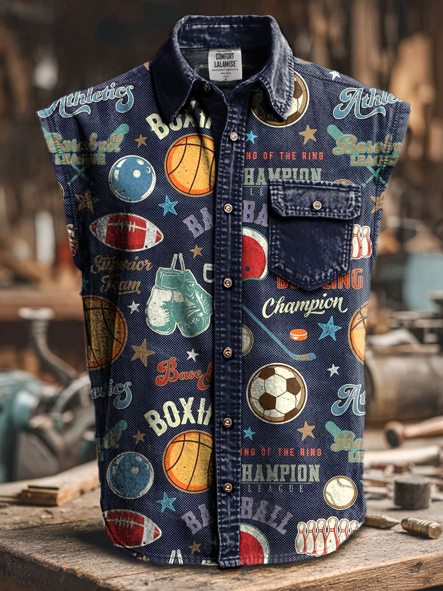 Retro Sports Art Print Casual 100% Cotton Sleeveless Lapel Shirt