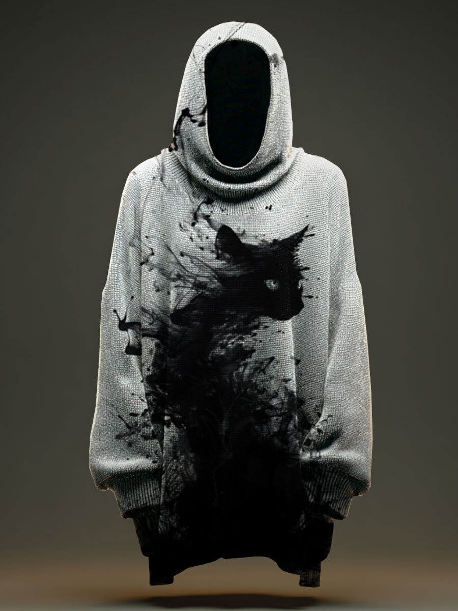 Black Cat Print Casual Hooded Sweater