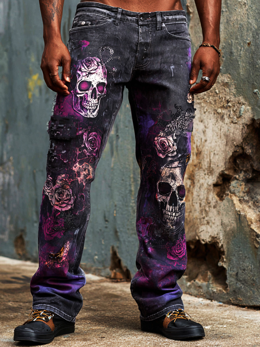 Vintage Halloween Skull Rose Dark Art Print Casual Jeans