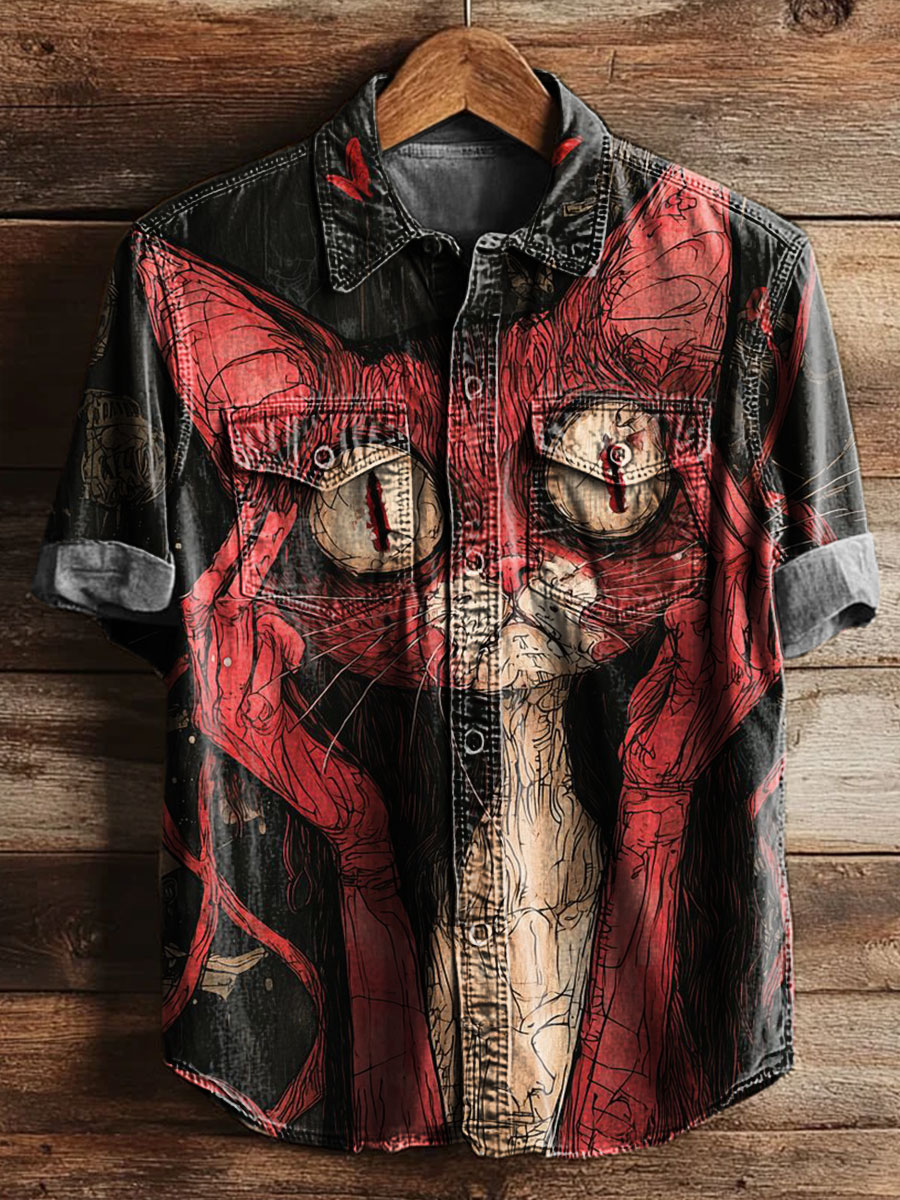 Vintage Cat Print Casual Shirt
