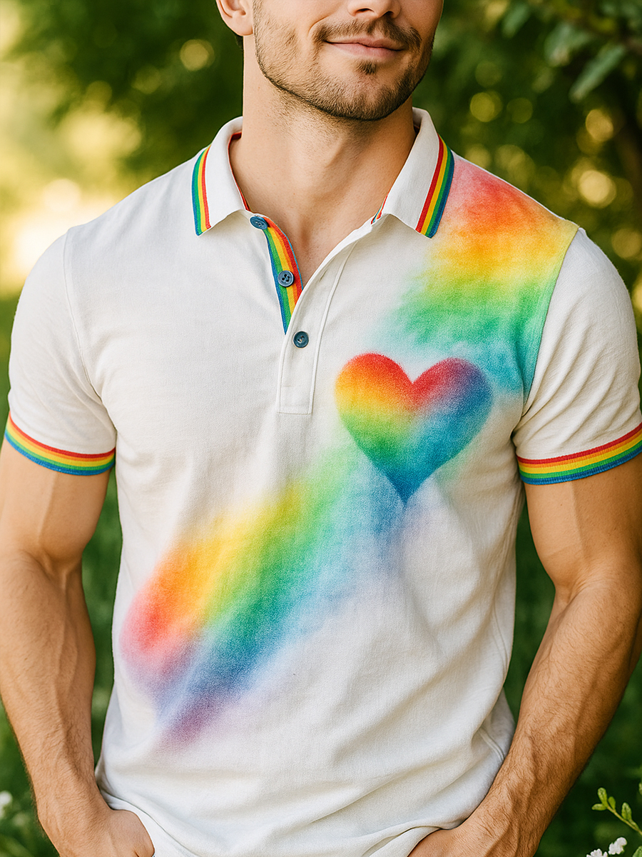 Rainbow Art Heart Gradient Print Casual Short Polo Shirt