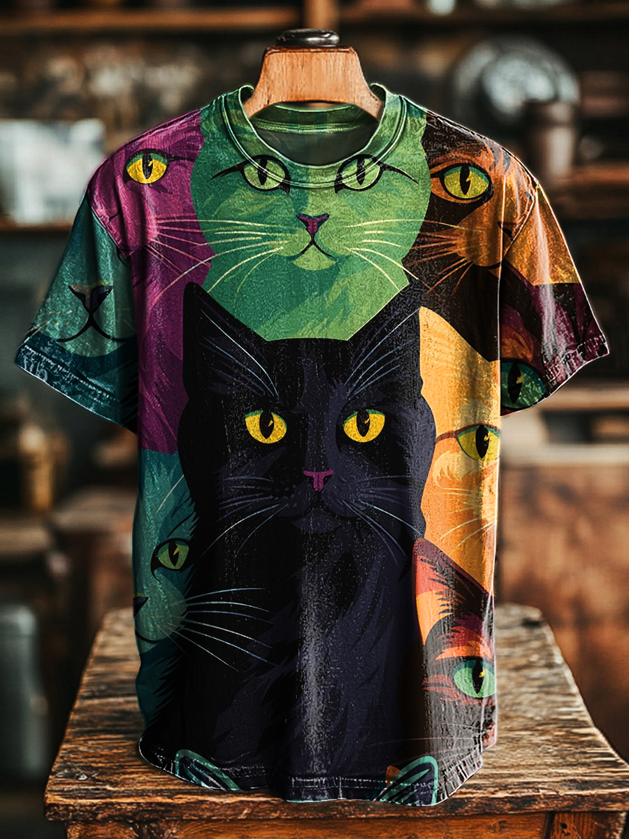 Men's Retro Multicolor Cat Print Casual Short Sleeve T-Shirt