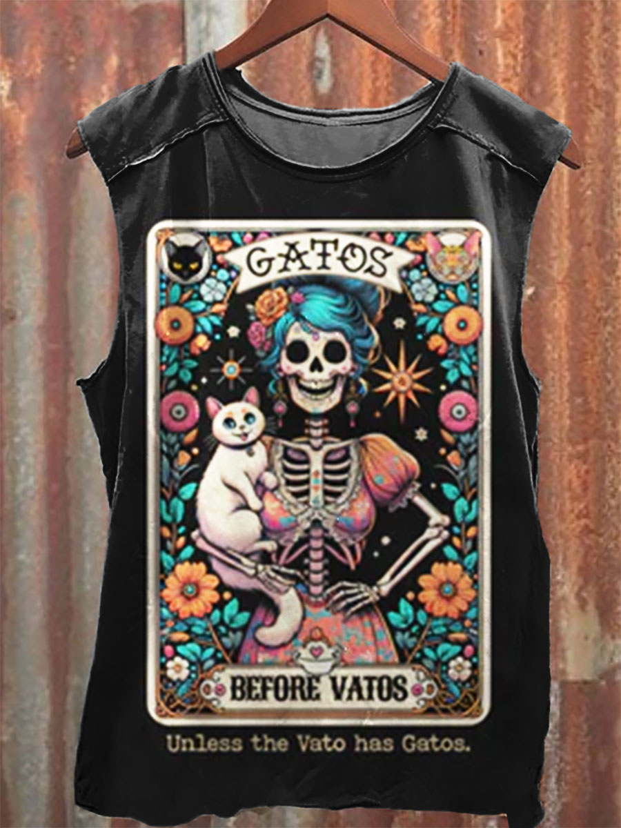 Gatos Before Vatos  Vintage Print 100% Cotton Casual Tank Top