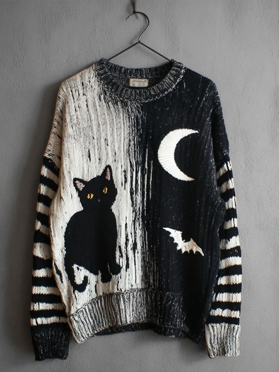 Vintage Halloween Black Cat Art Print Knit Pullover Sweater