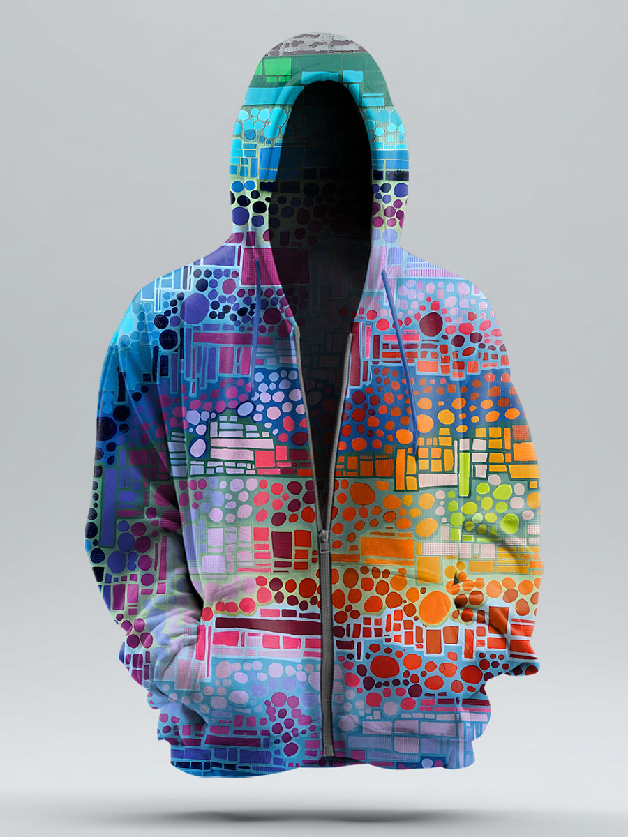 Multicolor Retro Abstract Art Gradient Print Casual Zip Hoodie Sweatshirt